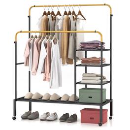 Costway - Rolling Clothes Drying Rack Double Rods Garment Rack with Height Adjustables - Gold