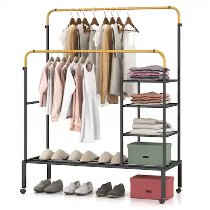 Front. Costway - Costway Rolling Clothes Drying Rack Double Rods Garment Rack with Height Adjustables Gold - Gold.