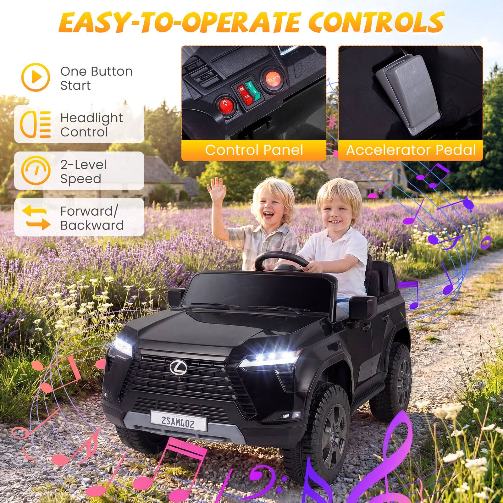 EASY-TO-OPERATE CONTROLS

- One Button Start
- Headlight Control
- 2-Level Speed Control Panel
- Forward/Backward

Control Panel
Accelerator Pedal

2SAM402