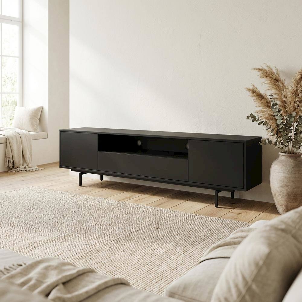 Left. FurniFact - Black Laminate TV Console with 3 Doors and Modern Design - Black.
