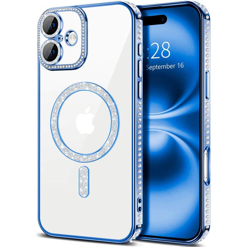 Front. Entronix - Entronix Magnetic Case for iPhone 17 - Clear Back with Luxury Rhinestones - Blue.