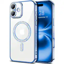 Entronix - Magnetic Case for iPhone 17 - Clear Back with Luxury Rhinestones - Blue