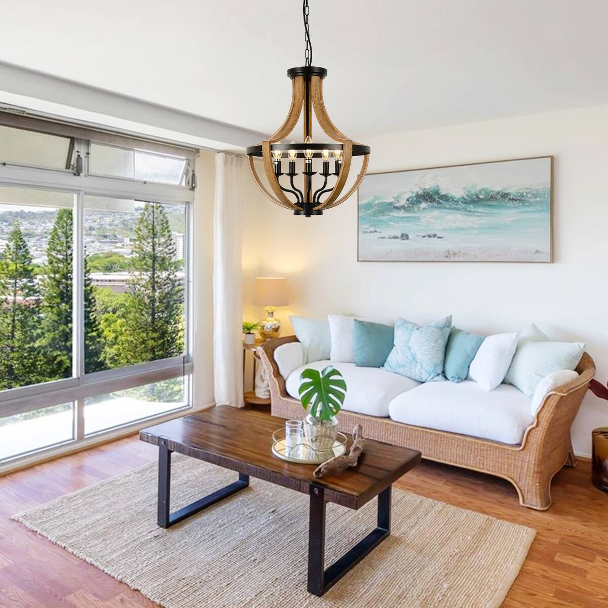 Alt View 3. Loheer - Loheer Five Light Farmhouse Chandelier with Geometric Wood Frame for Dining Room or Foyer.