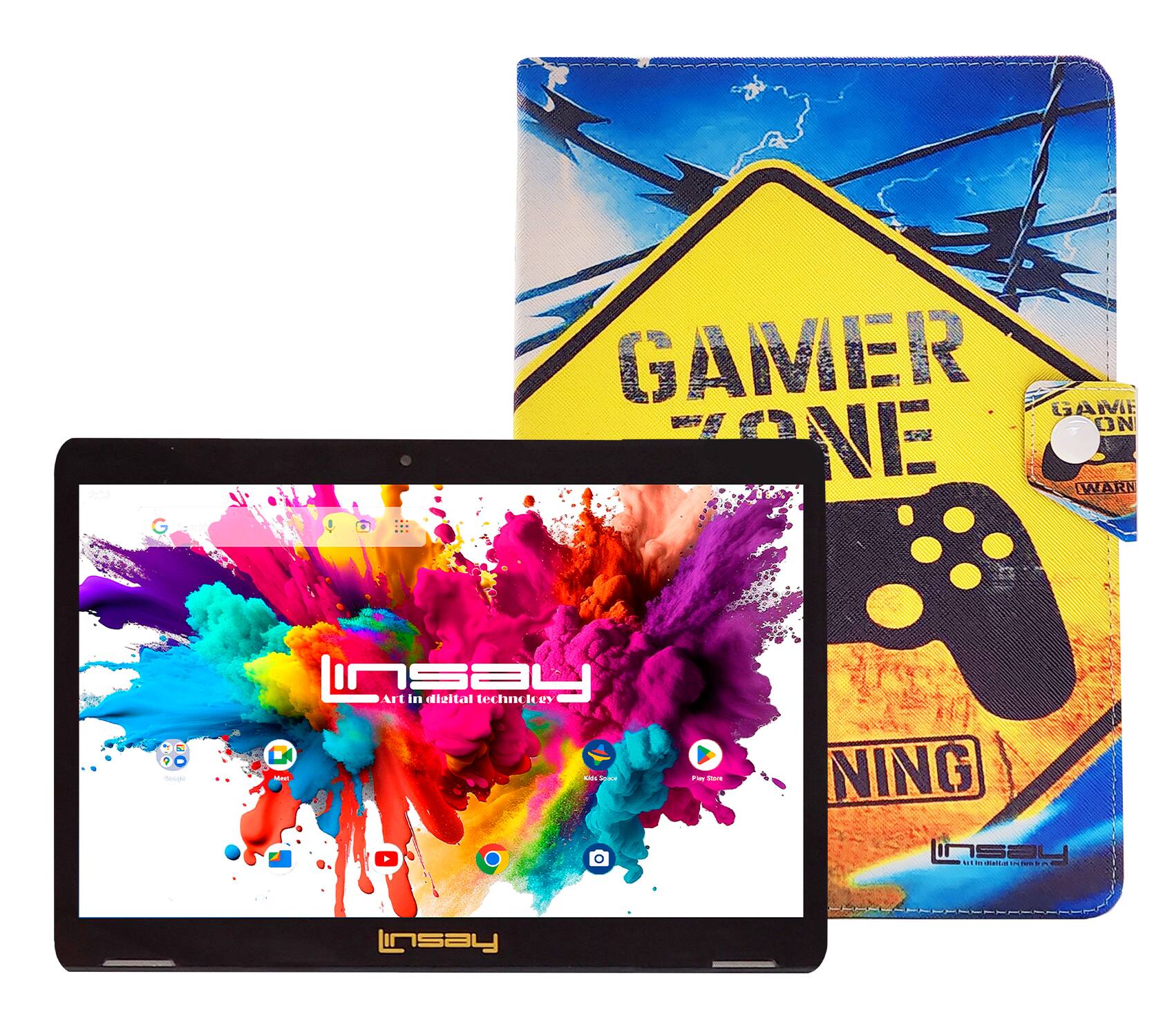 LINSAY - 10.1"Octa Core 128GB Storage Android 15 Tablet with Gamer Shape Case - Yellow