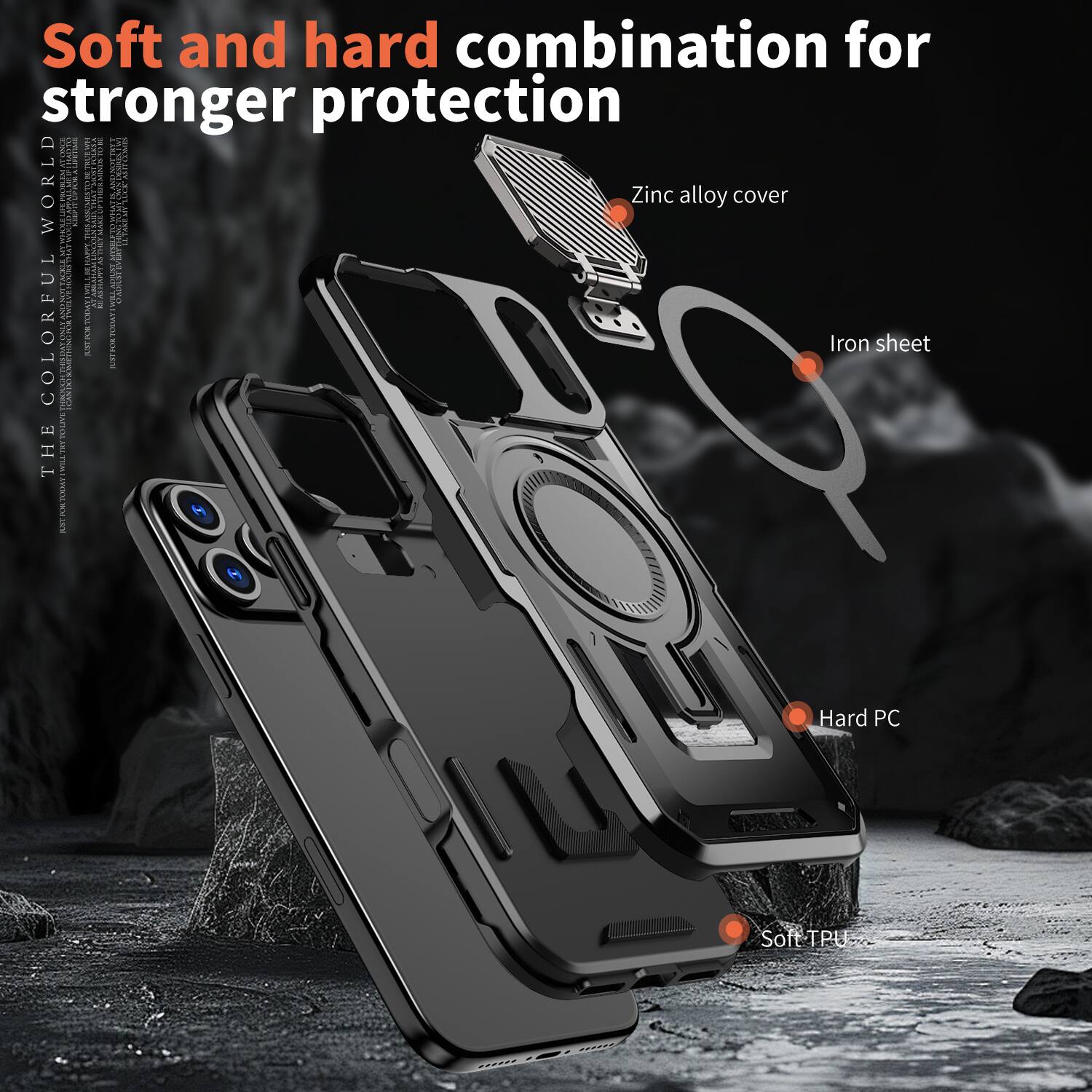 Soft and hard combination for stronger protection

- Zinc alloy cover
- Iron sheet
- Hard PC
- Soft TPU