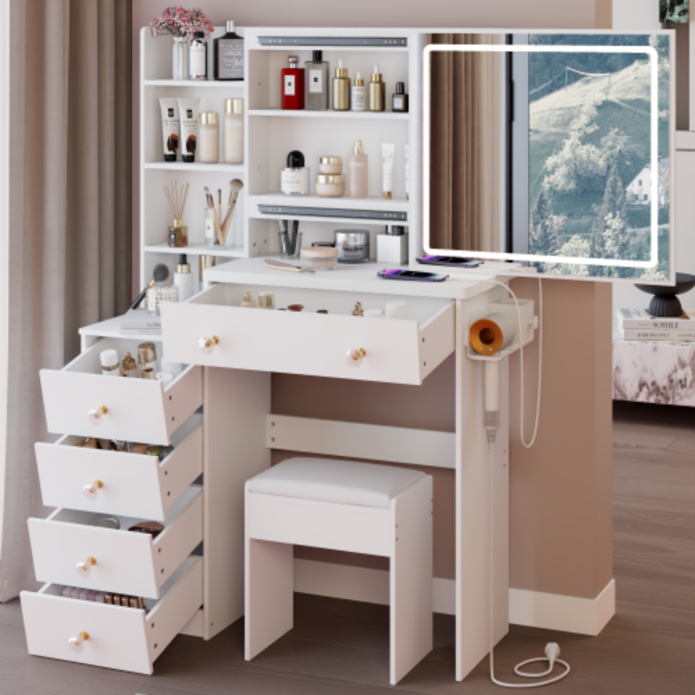 Left. LUCKY ONE - 37in Vanity Set with Touch Control LED Sliding Mirror, 2AC+2USB, Hair Dryer Stand and Stool - White.
