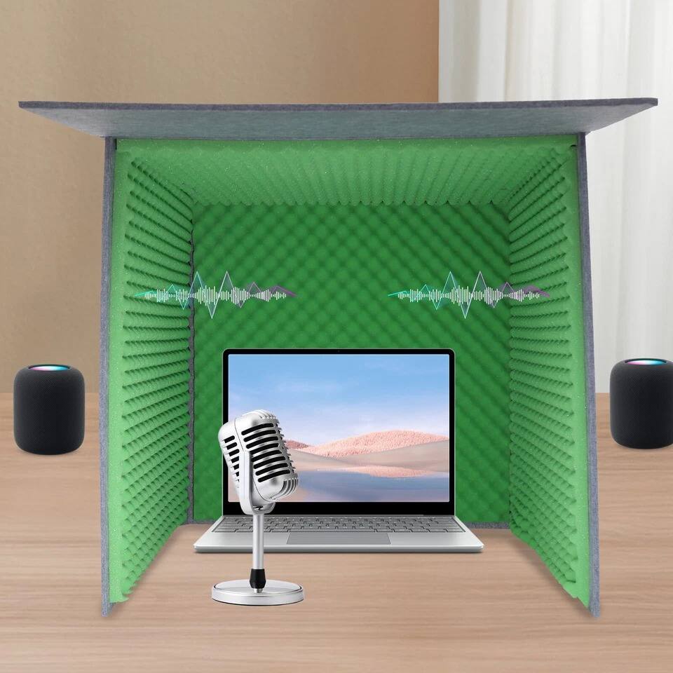Alt View 2. Home Collection - Portable Desktop Soundproof Booth Studio Recording Cover, Green - Green, Gray.