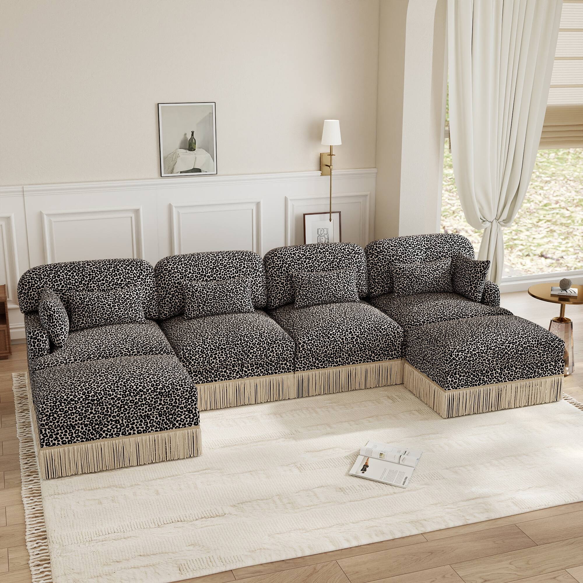Left. Anysun - 131" Comfy Chenille Leopard Print U-Shaped Modern Fashion Sofa – Delicate Tassel Edge, Movable Ottomans, Easy Assembly - Khaki.