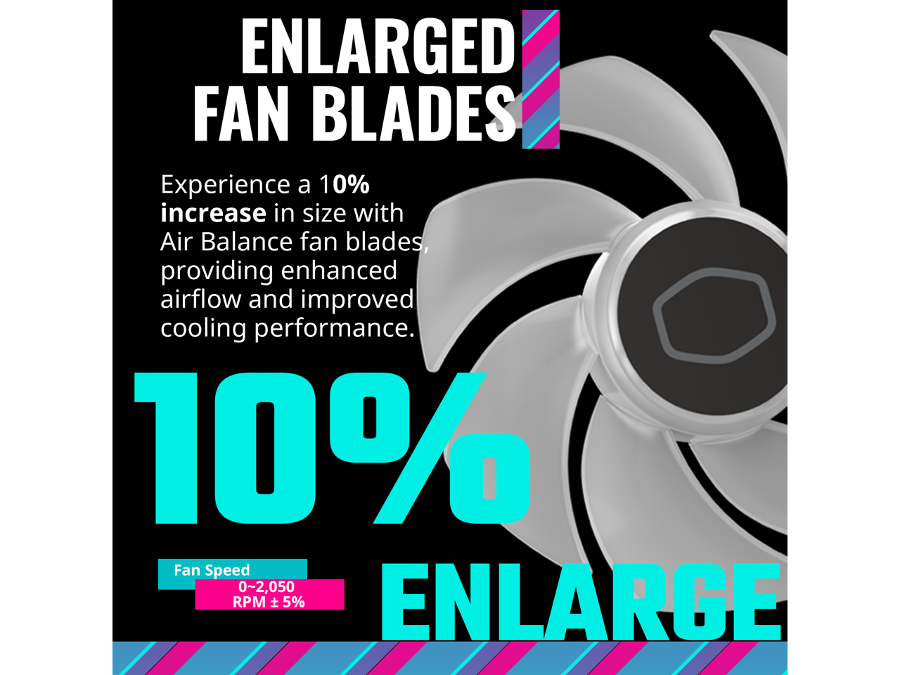 ENLARGED FAN BLADES

Experience a 10% increase in size with Air Balance fan blades, providing enhanced airflow and improved cooling performance.

10% ENLARGE

Fan Speed: 0~2,050 RPM ± 5%