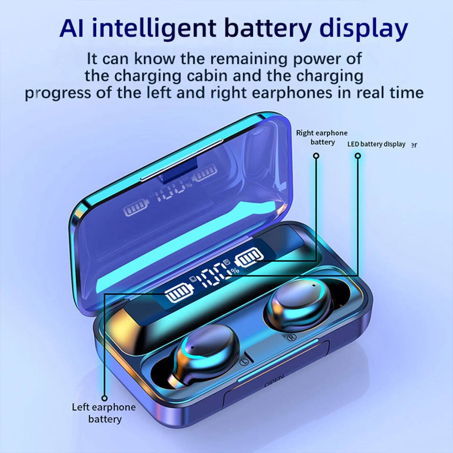 AI intelligent battery display

It can know the remaining power of the charging cabin and the charging progress of the left and right earphones in real time

Right earphone battery LED battery display

Left earphone battery
