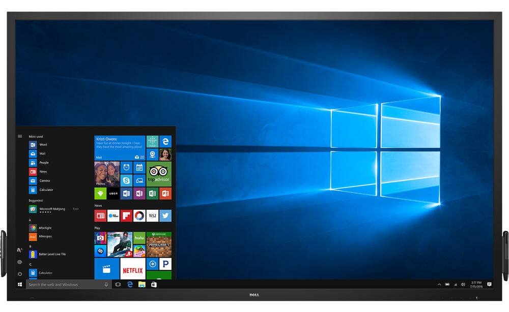 Sure, here is the corrected and grouped text from the image:

---

**Most used:**
- Word
- Mail
- People
- News
- Camera
- Calculator

**Kristi Owens:**
- Have fun at dinner tonight! I hear they have the most amazing pizza!

**Suggested:**
- Microsoft Mahjong
- Afterlight
- Butter Level Live Tile
- Calculator

**News:**
- WSJ
- Twitter
- Facebook
- Instagram

**Play:**
- Hulu
- Netflix
- Minecraft

**Other:**
- Mail
- News
- Camera
- Photos
- tripadvisor
- Uber
- 20 News
- Suggested
- Microsoft Mahjong
- Afterlight
- Butter Level Live Tile
- Calculator

**Search the web and Windows**

**Date and Time:**
- 7/15/2016
- 3:17 PM

---

This should cover all the visible text from the image.