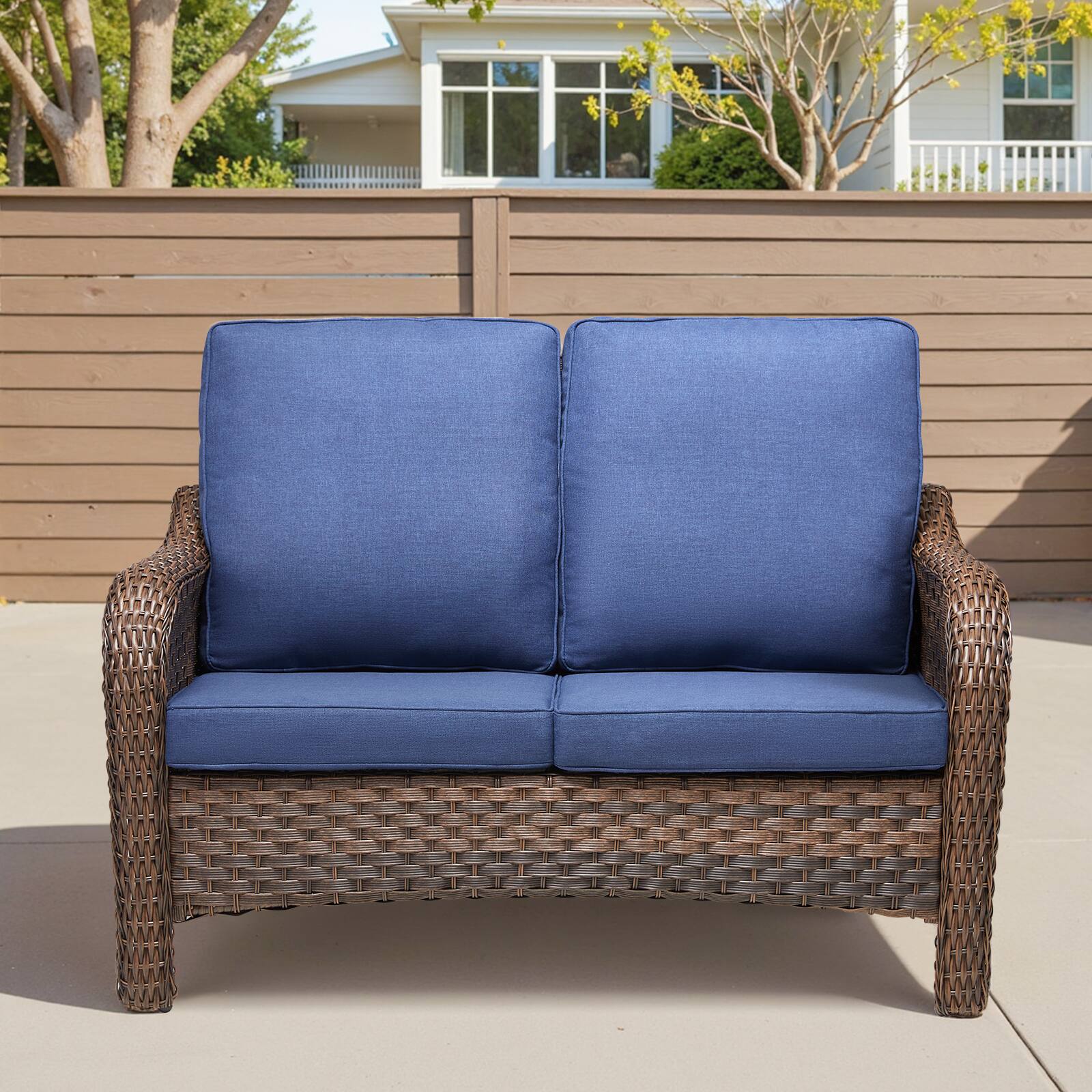 Angle. Mondawe - 49.6" PE Wicker Rattan Outdoor Loveseat with Blue Deep Seat Cushions - Blue+Brown.