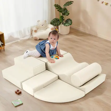Front. Siljoy - 6-in-1 EPE Foam Climb & Crawl Playset, Soft Indoor Playground, Velcro Fastening, Easy to Clean, for Toddlers - Beige.