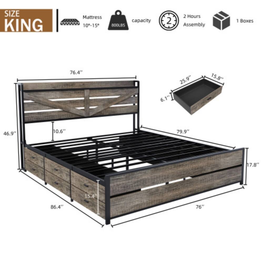 SIZE KING  
Mattress 55 capacity  
10-15"  
800LBS  
2 Hours Assembly  
1 Boxes  
76.4" x 6.1" x 25.9" x 15.8" x 46.9" x 10.6" x 79.9" x 17.8" x 15.4" x 86.4" x 76"