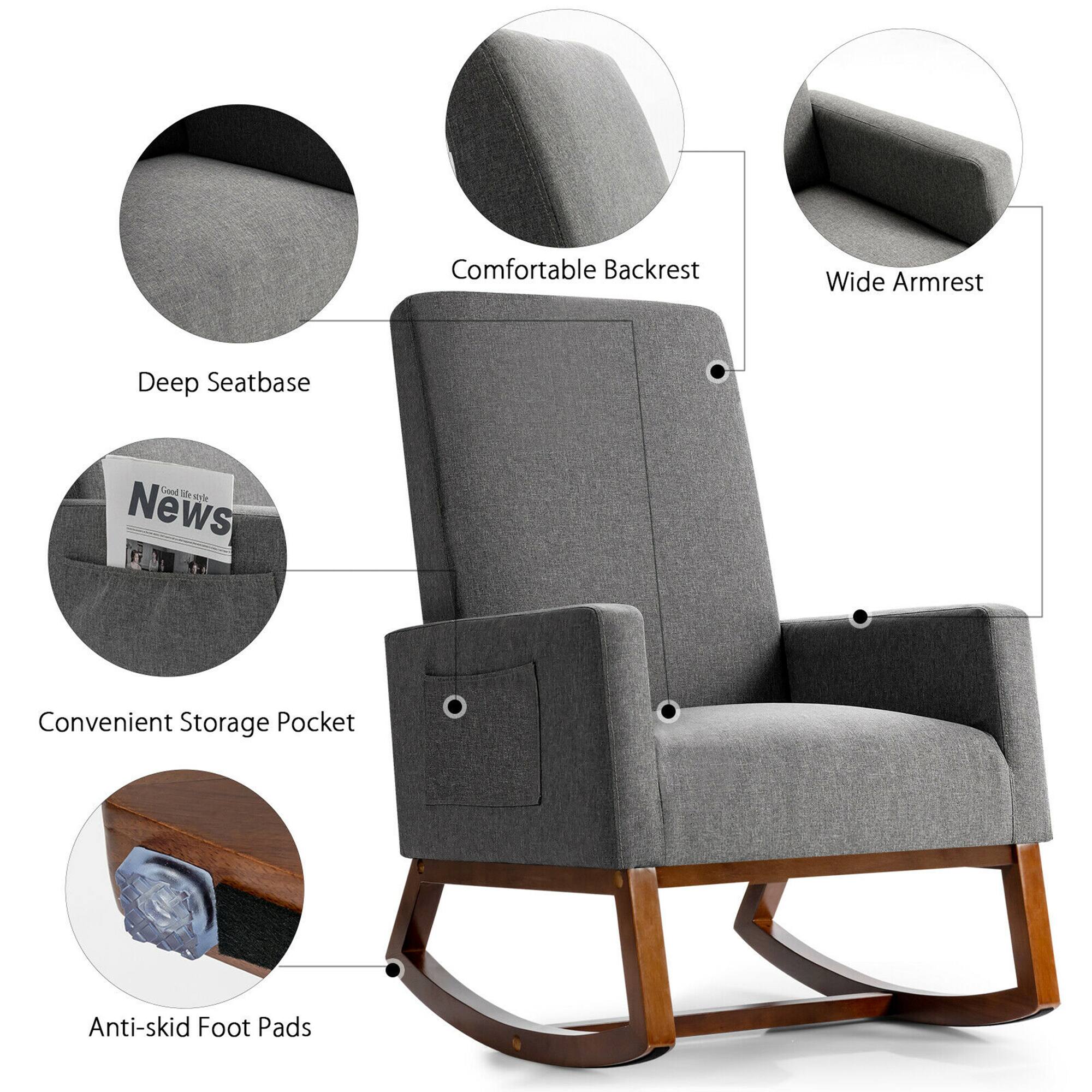 Gymax - Rocking Chair High Back Upholstered Lounge Armchair w/ Side Pocket Grey - Gray