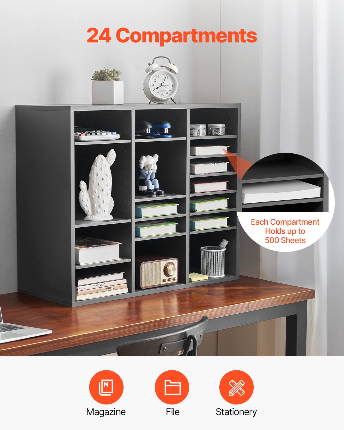 24 Compartments

Each Compartment Holds up to 500 Sheets

Magazine
File
Stationery