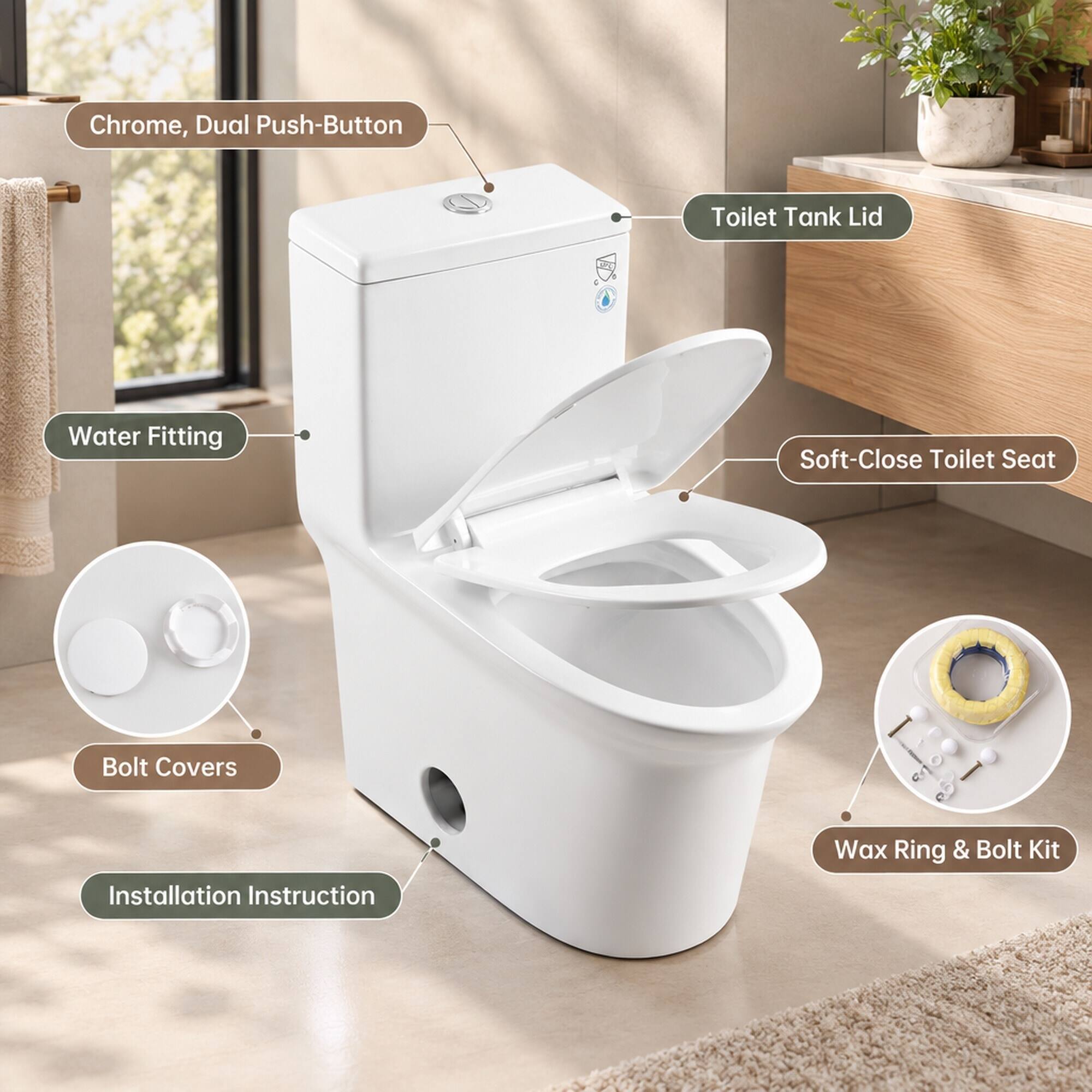 RYHNUYNE One Piece Toilet,Dual Flush Elongated Comfort Height Quiet ...