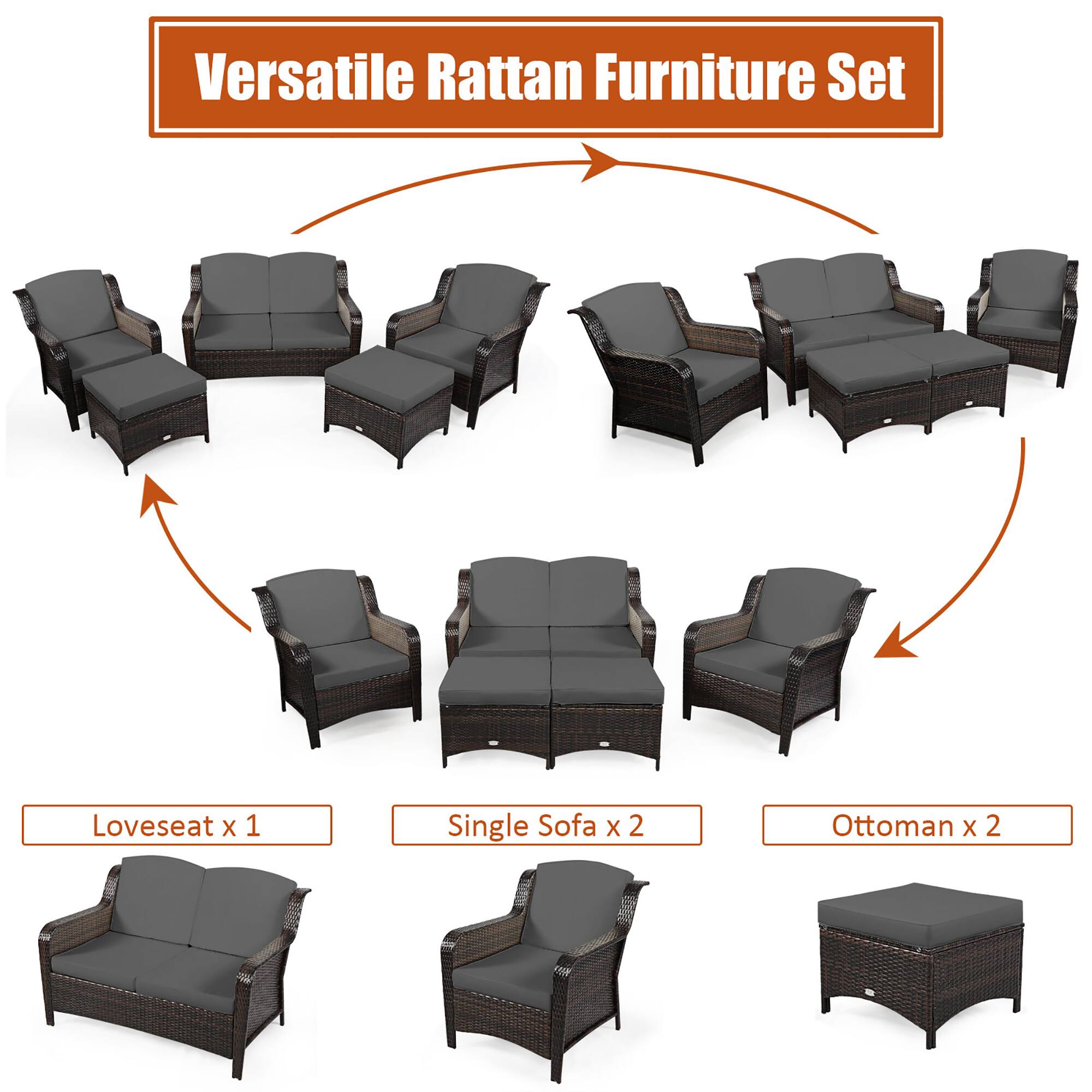 Versatile Rattan Furniture Set  
- Loveseat x 1  
- Single Sofa x 2  
- Ottoman x 2