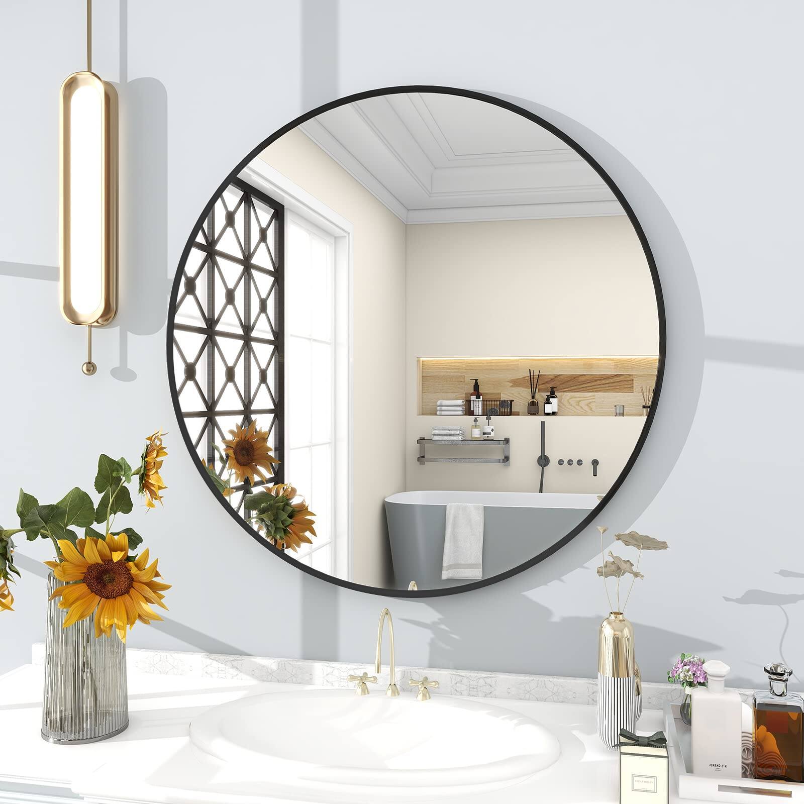 Alt View 3. HOMLUX - 30 Inch Round Wall Mirror Black Aluminum Frame Circle Mirror for Bathroom Vanity Entryway Living Room.
