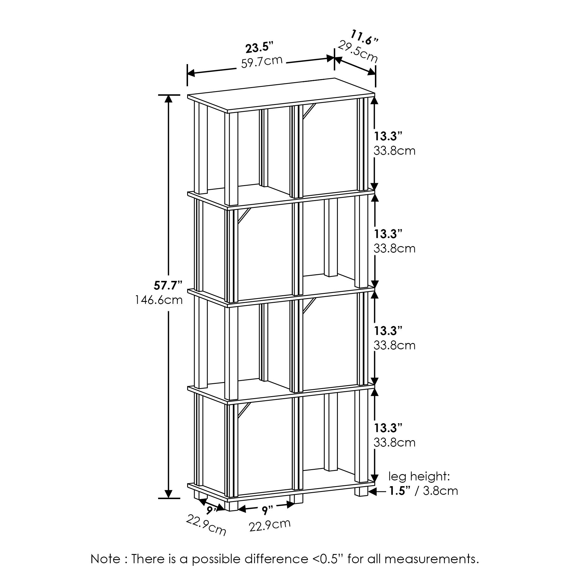 23.5" / 59.7cm  
11.6" / 29.5cm  
13.3" / 33.8cm  
13.3" / 33.8cm  
13.3" / 33.8cm  
13.3" / 33.8cm  
57.7" / 146.6cm  
leg height: 1.5" / 3.8cm  
9" / 22.9cm  
9" / 22.9cm  

Note: There is a possible difference <0.5" for all measurements.