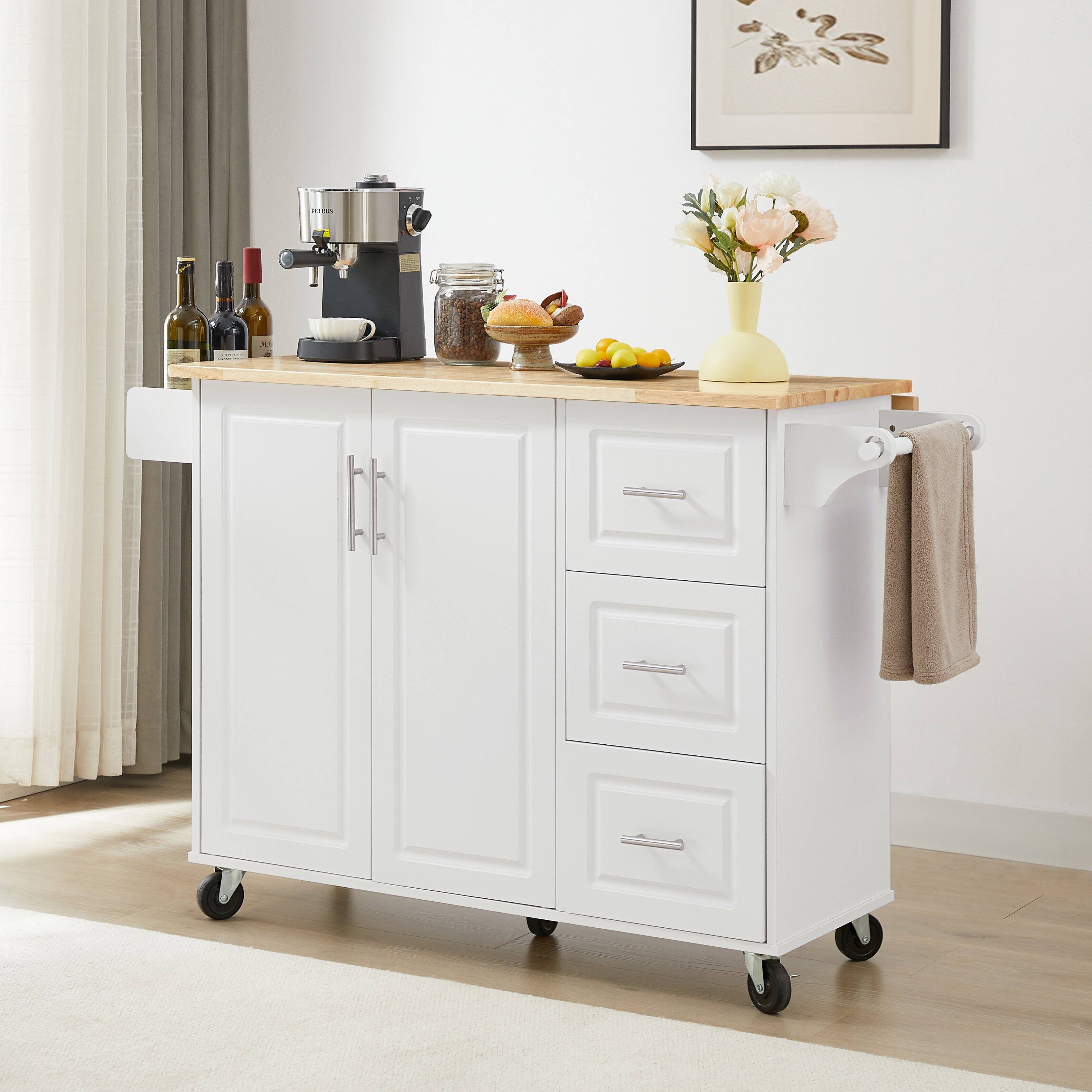Alt View 1. Ecooso - Kitchen Island with Drop Leaf Countertop, Rolling Cart, Barn Door Storage Cabinet, Towel Rack, on Wheels for Kitchen - White.