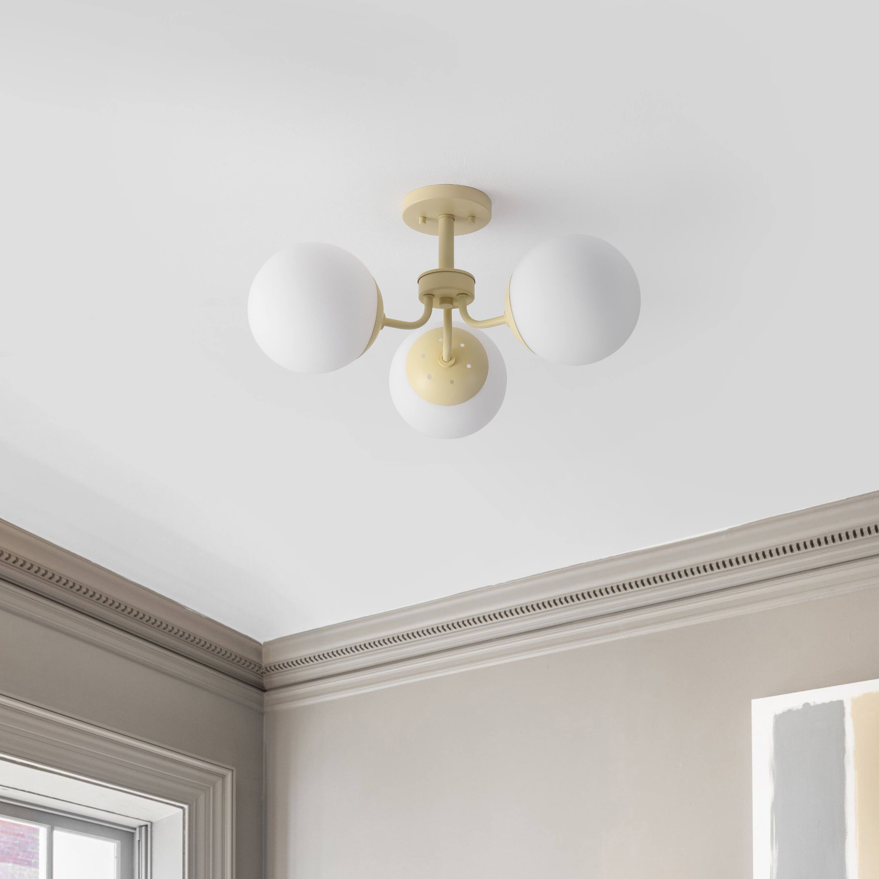 Alt View 5. Jonathan Y - Olivier 23.5" 3-Light Bohemian Farmhouse Iron/Frosted Glass LED Semi Flush Mount, Beige - Beige.