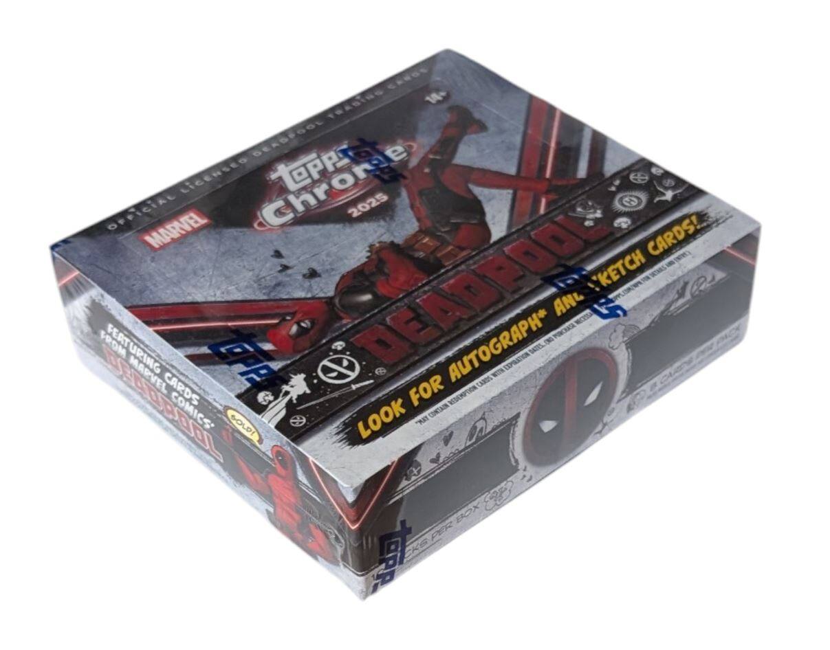 TRADING CARDS 14+ DEADPOOL LICENSED Chrome TOPPS OFFICIAL 2025 MARVEL CARDS! - DEADPOOL KETCH CARDS FEATURING MARVEL AUTOGRAPH CARDS WITH EXPIRATION DATES BEADPOOL CARDS FOR REDEMPTION COMICS' LOOK CONTAIN SOLD! "MAT OU PER BOX KS