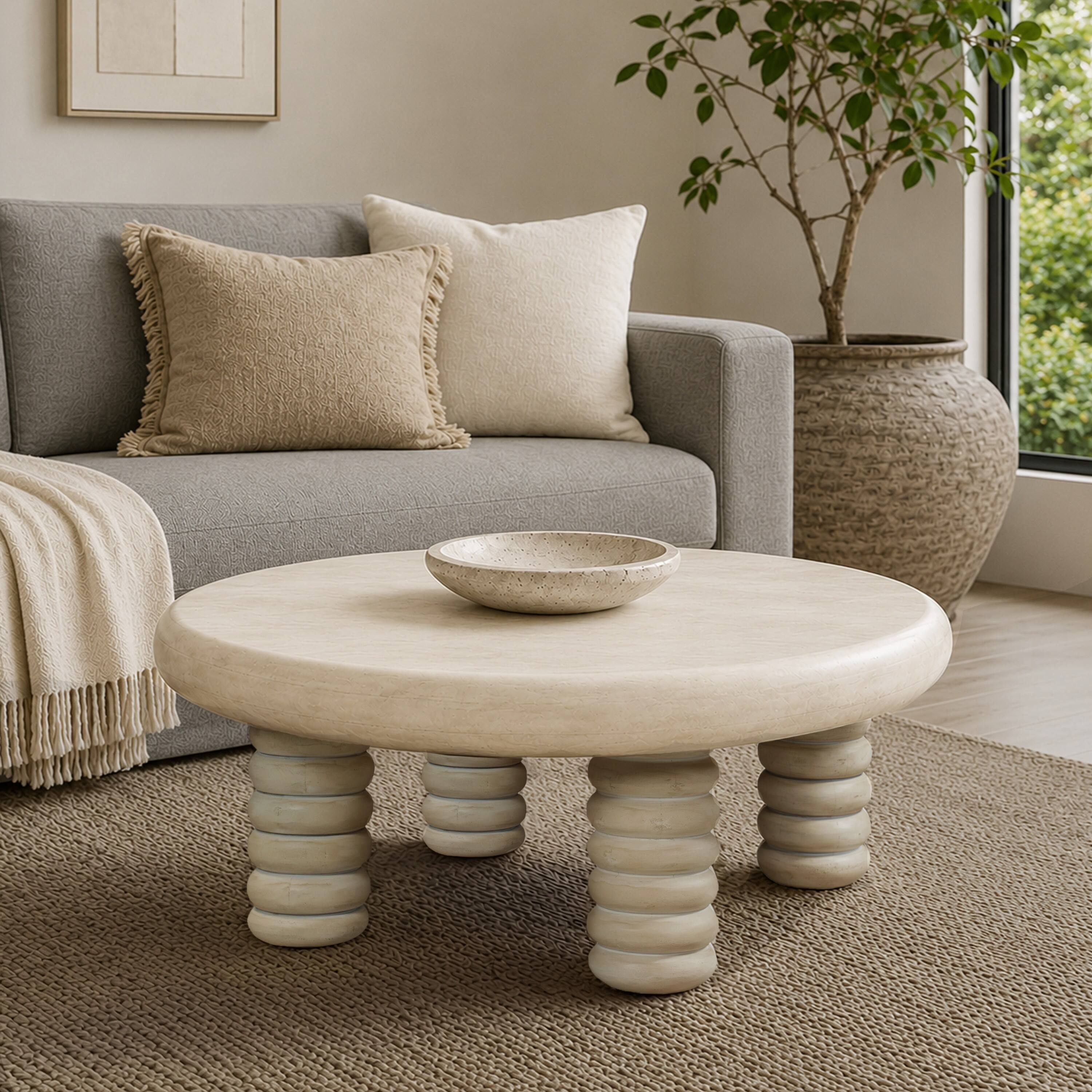 Alt View 4. Manhattan Lane - 44 Inch Round Coffee Table, Stacked Beaded Legs - Antique White.