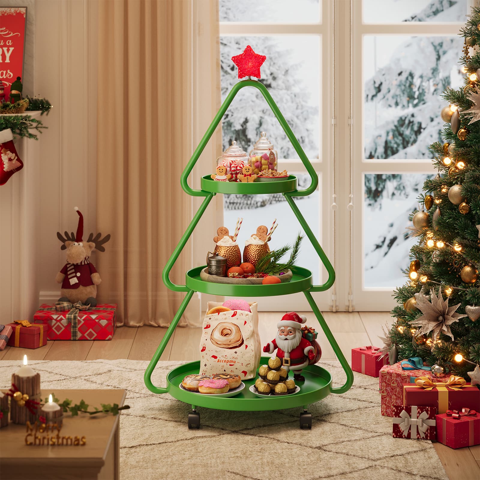 Pinmoco - Christmas Tree Metal Storage Rack, Modern Sofa Side Table, Snack Rack for Party Holiday Festival - Green