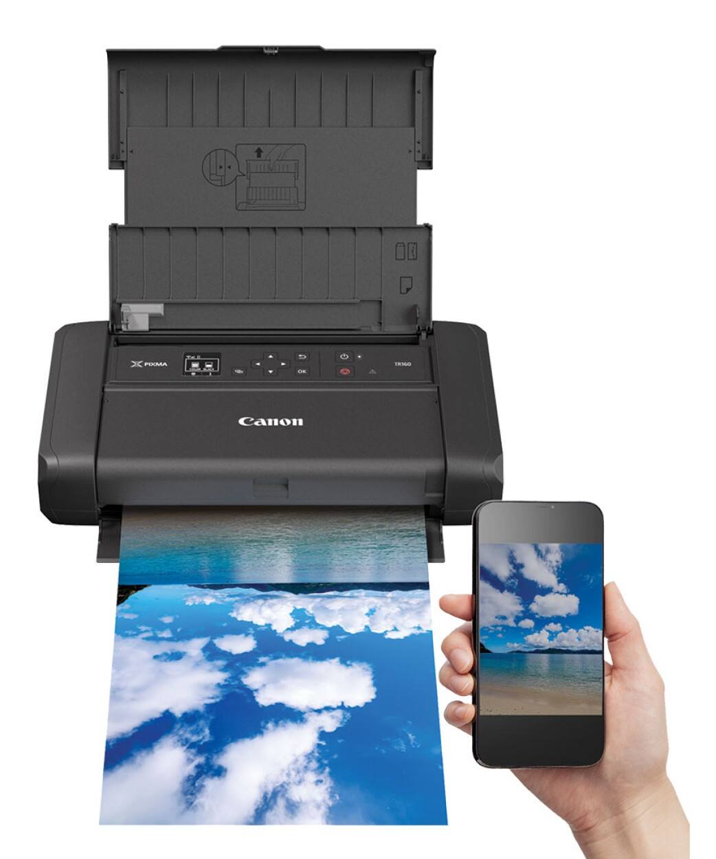 Canon printer with a blue and white picture coming out of it.