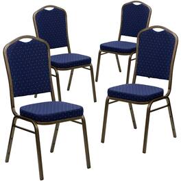 Emma + Oliver - 4 Pack Crown Back Stacking Banquet Chair - Navy Blue Dot Patterned Fabric/Gold Vein Frame
