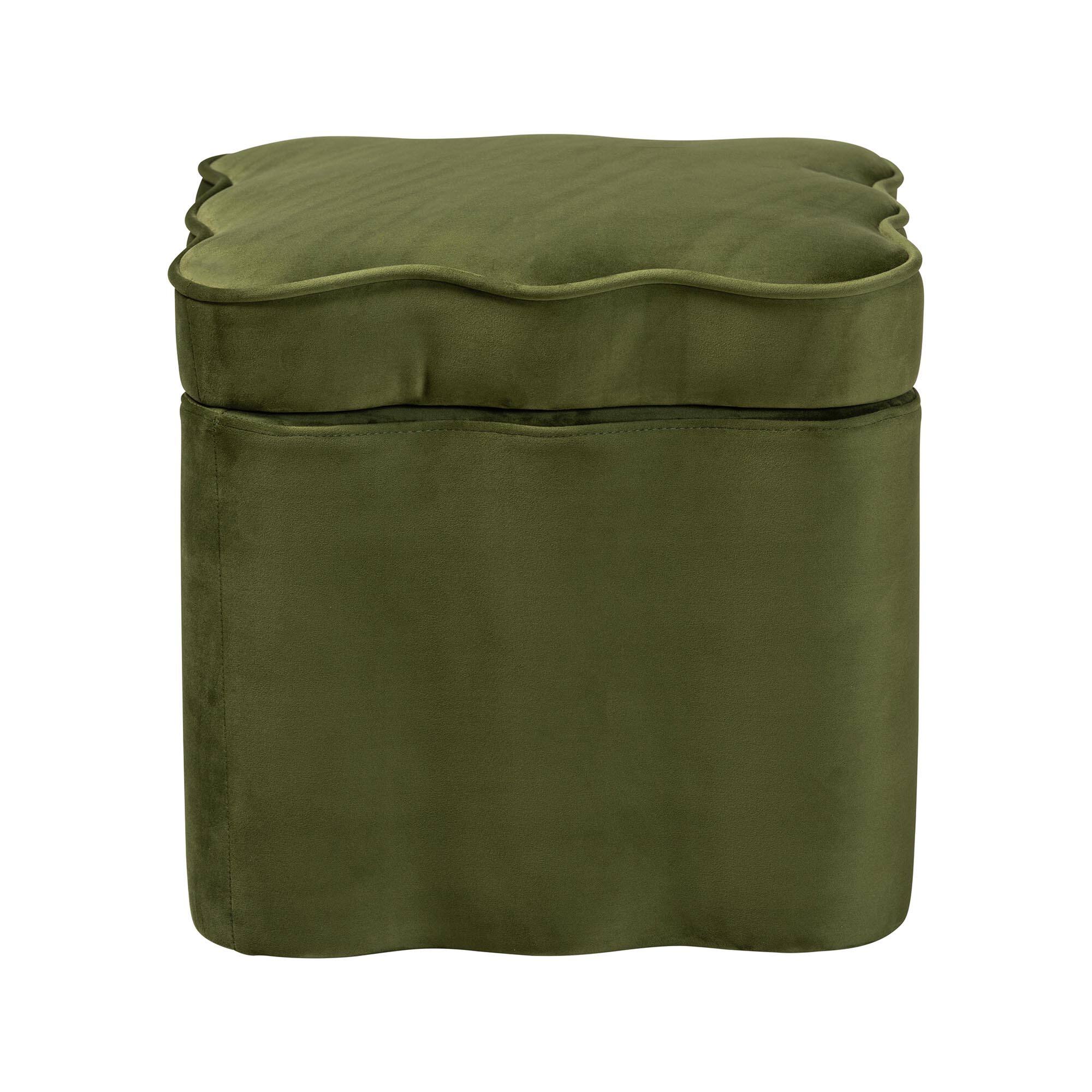 Left. Baxton Studio - Paulina Velvet Storage Ottoman - Lid Top Accent Stool with Interior Storage and Scalloped Outline - Moss Green/Black.