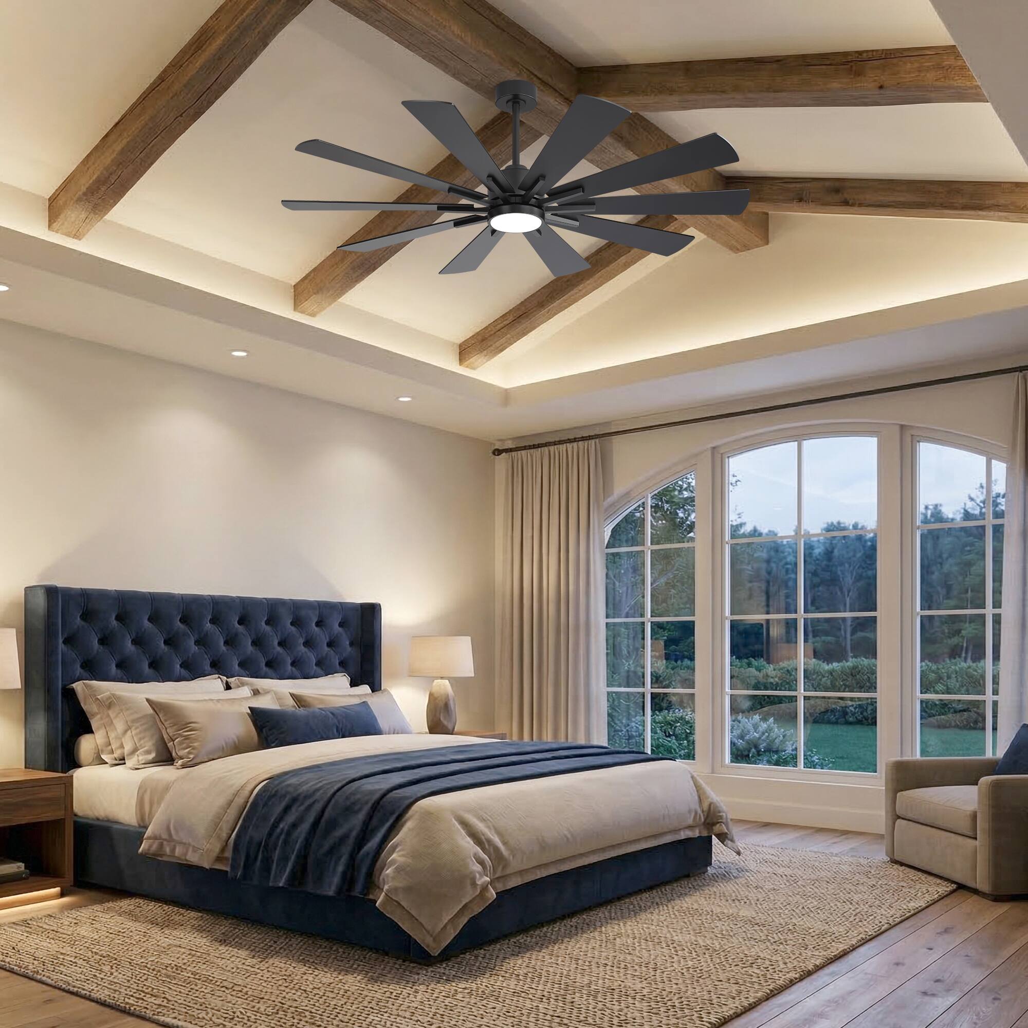 Alt View 1. Breezary - 62-Inch Modern Ceiling Fan, Dimmable LED, 10 Premium Plywood Blades, Quiet DC Motor, Remote Control, 6"/12" Downrods - 62-inch in Black and Walnut finish.