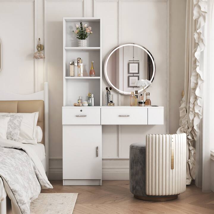 Front. Lirago - White Modern Makeup Vanities Dresser Table Desk with Multi Layer Storage 66.93"H x 13.15"D x 39.72"W - White.