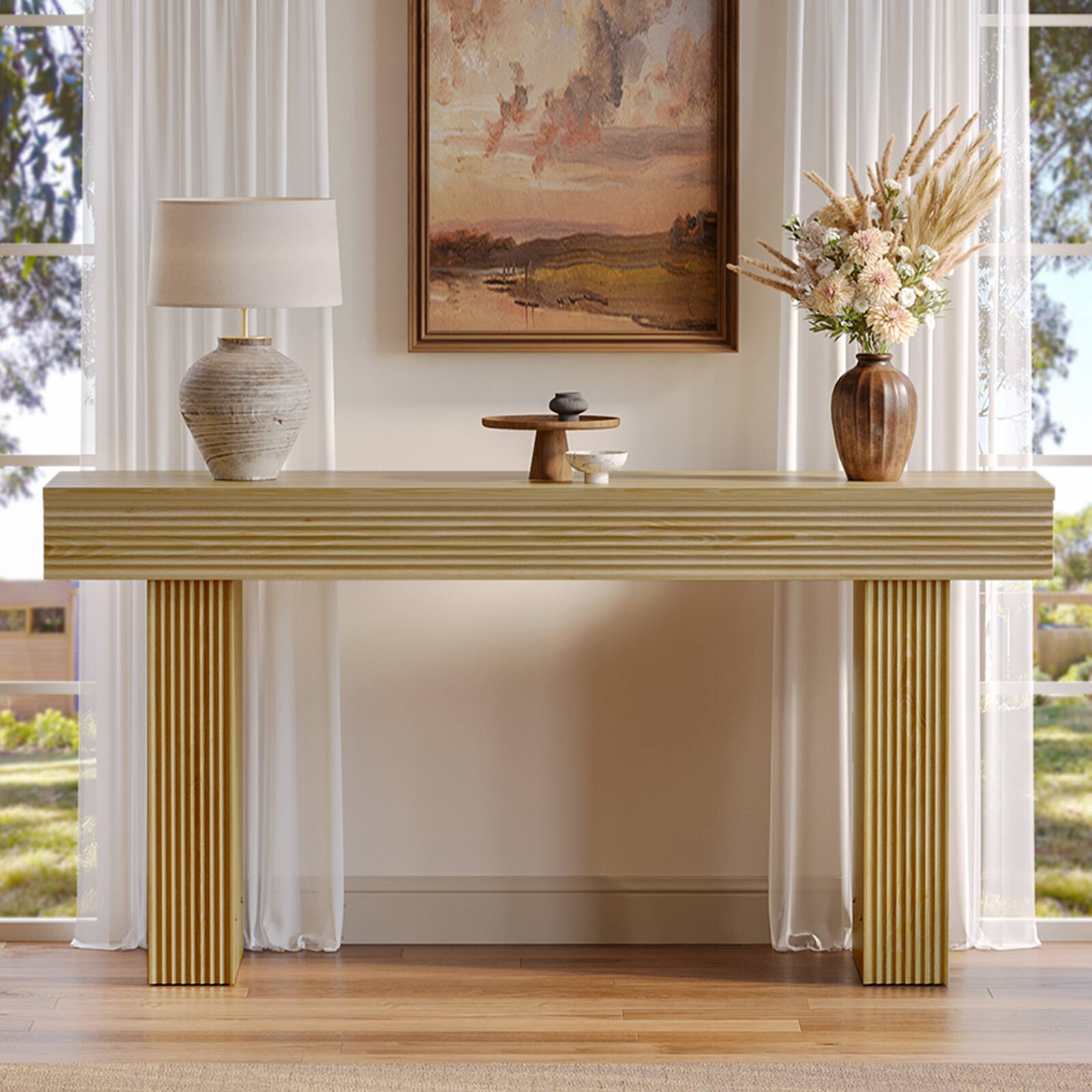 Alt View 1. Bestier - 63 Inch Fluted Console Table, Rustic Wood Entryway Sofa Table - Natual Oak.