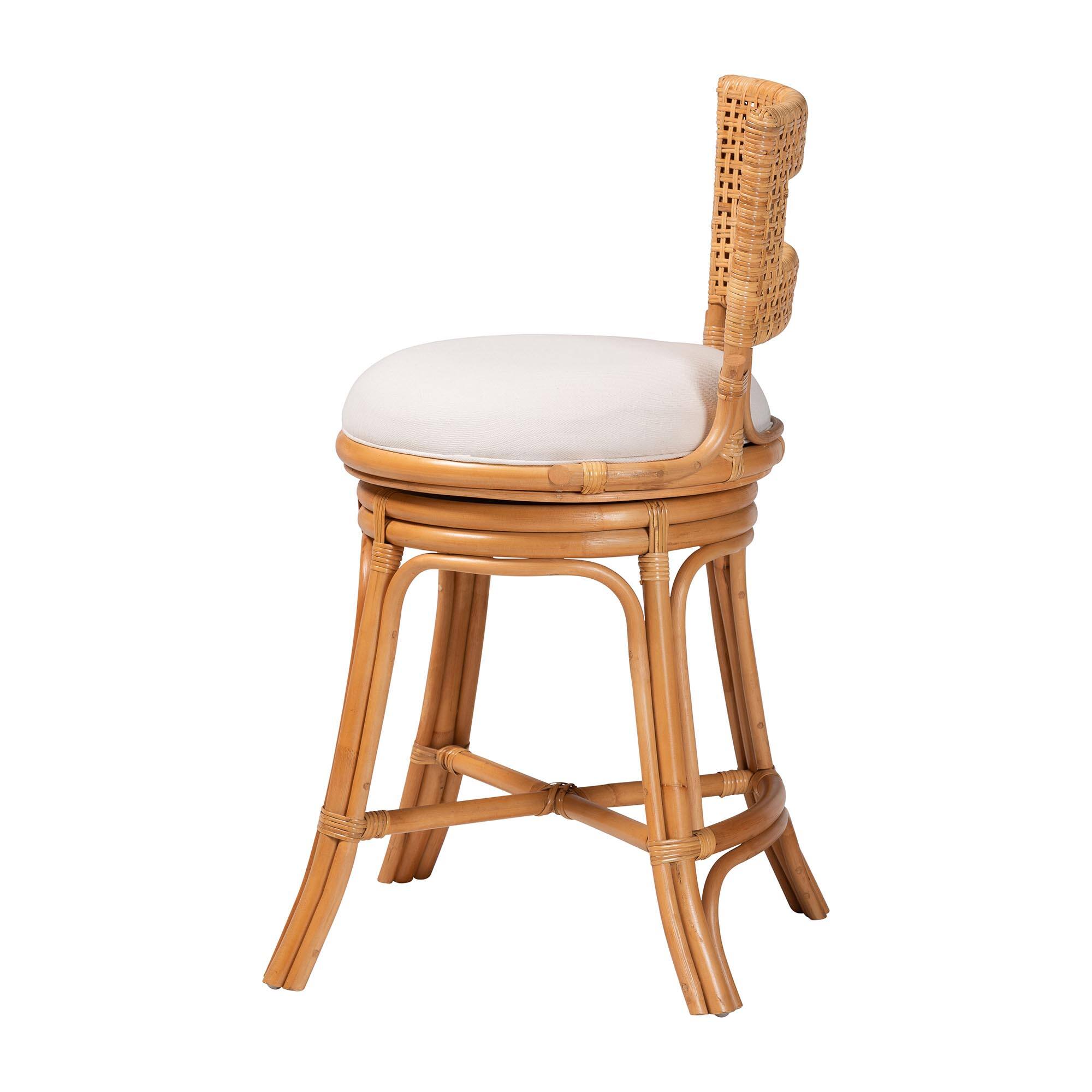 Left. bali & pari - bali & pari Amina Natural Rattan Counter Stool - Handwoven Wicker Stool with Swivel Seat and Upholstered Cushion - Light Honey.