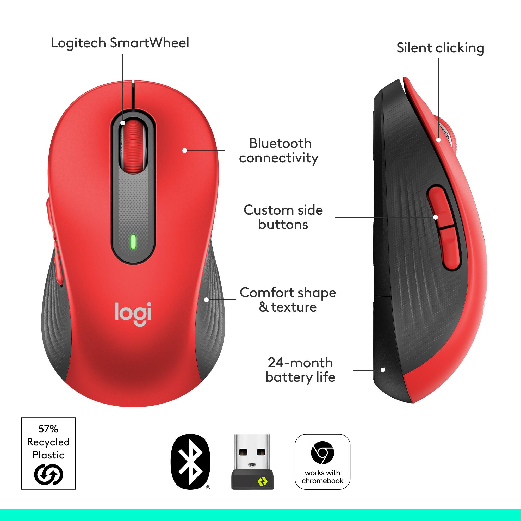 Logitech SmartWheel Silent clicking Bluetooth connectivity Custom side buttons Comfort shape & texture 24-month battery life 57% Recycled Plastic works with chromebook