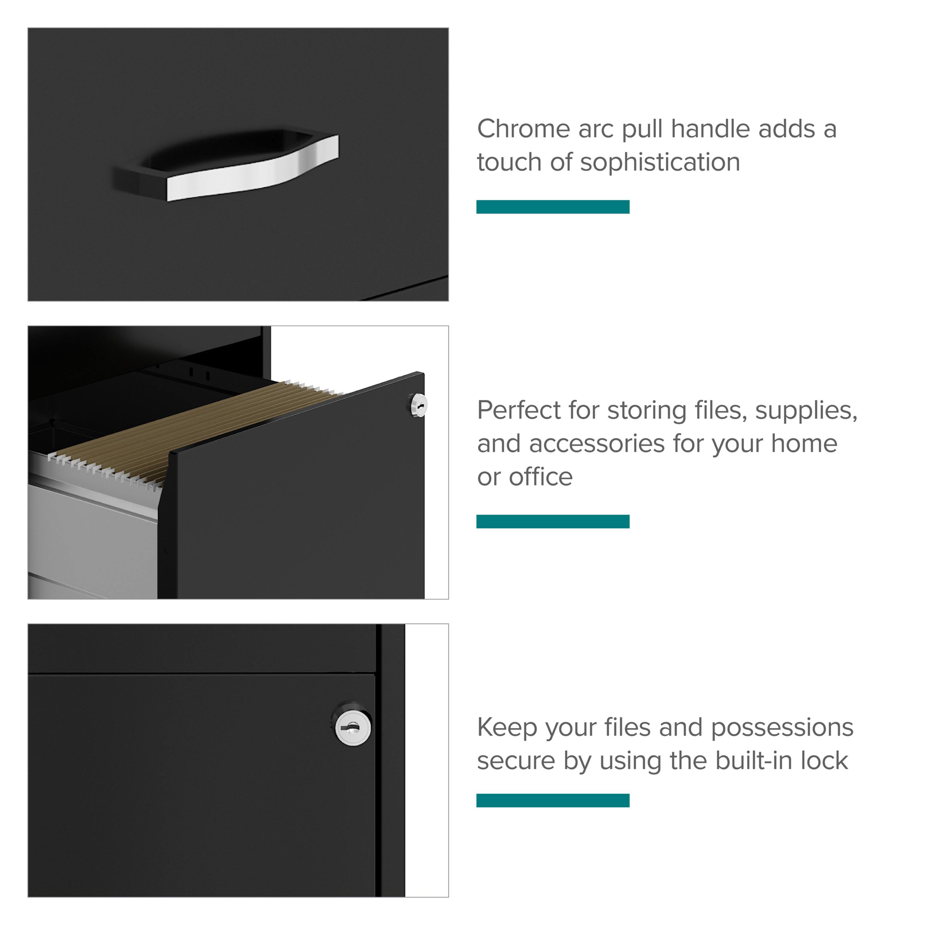 Chrome arc pull handle adds a touch of sophistication

Perfect for storing files, supplies, and accessories for your home or office

Keep your files and possessions secure by using the built-in lock