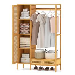 Costway - Bamboo Clothing Rack with Cabinet Hanging Rod Storage Shelf & Drawers for Foyer - Natural