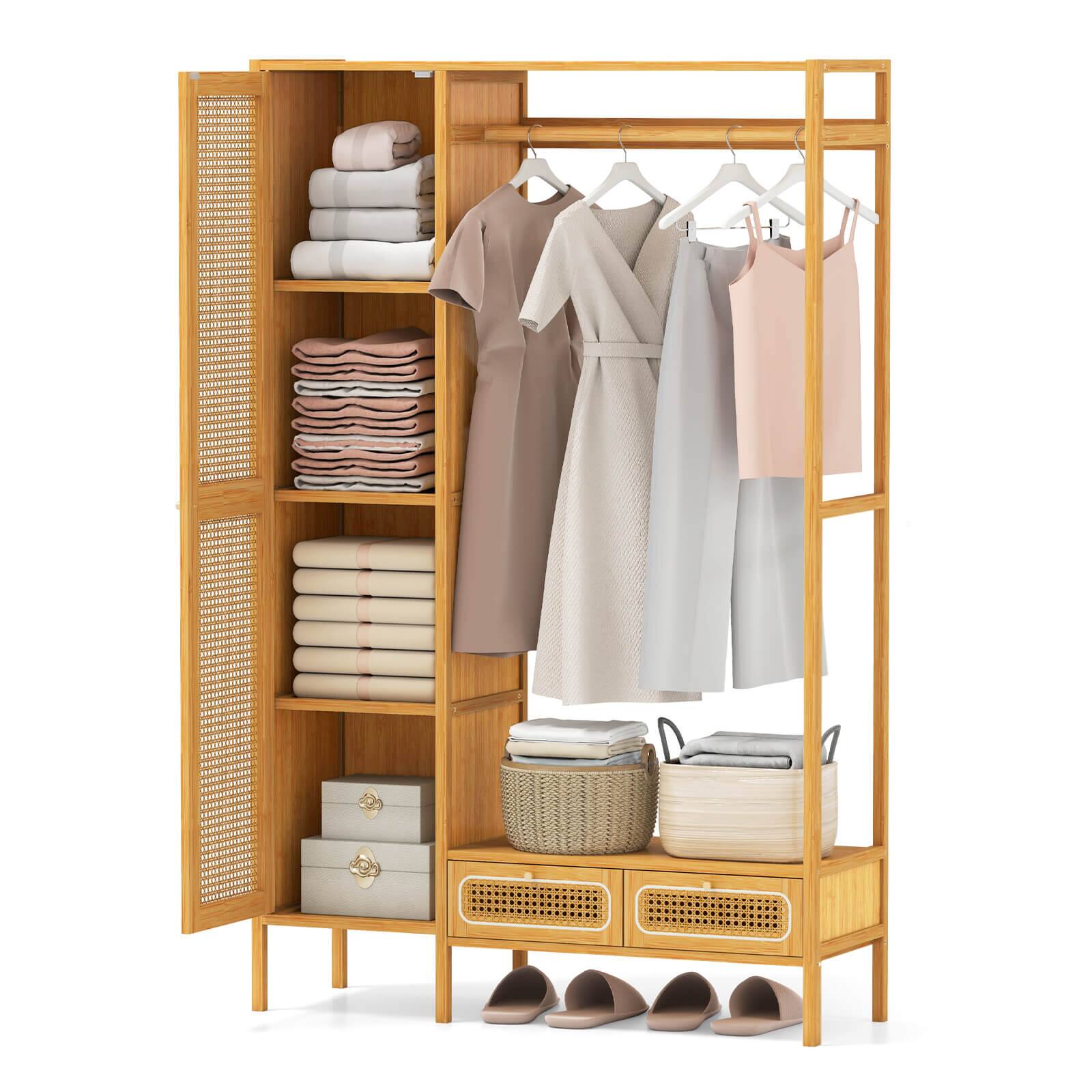 Front. Costway - Costway Bamboo Clothing Rack with Cabinet Hanging Rod Storage Shelf & Drawers for Foyer - Natural.