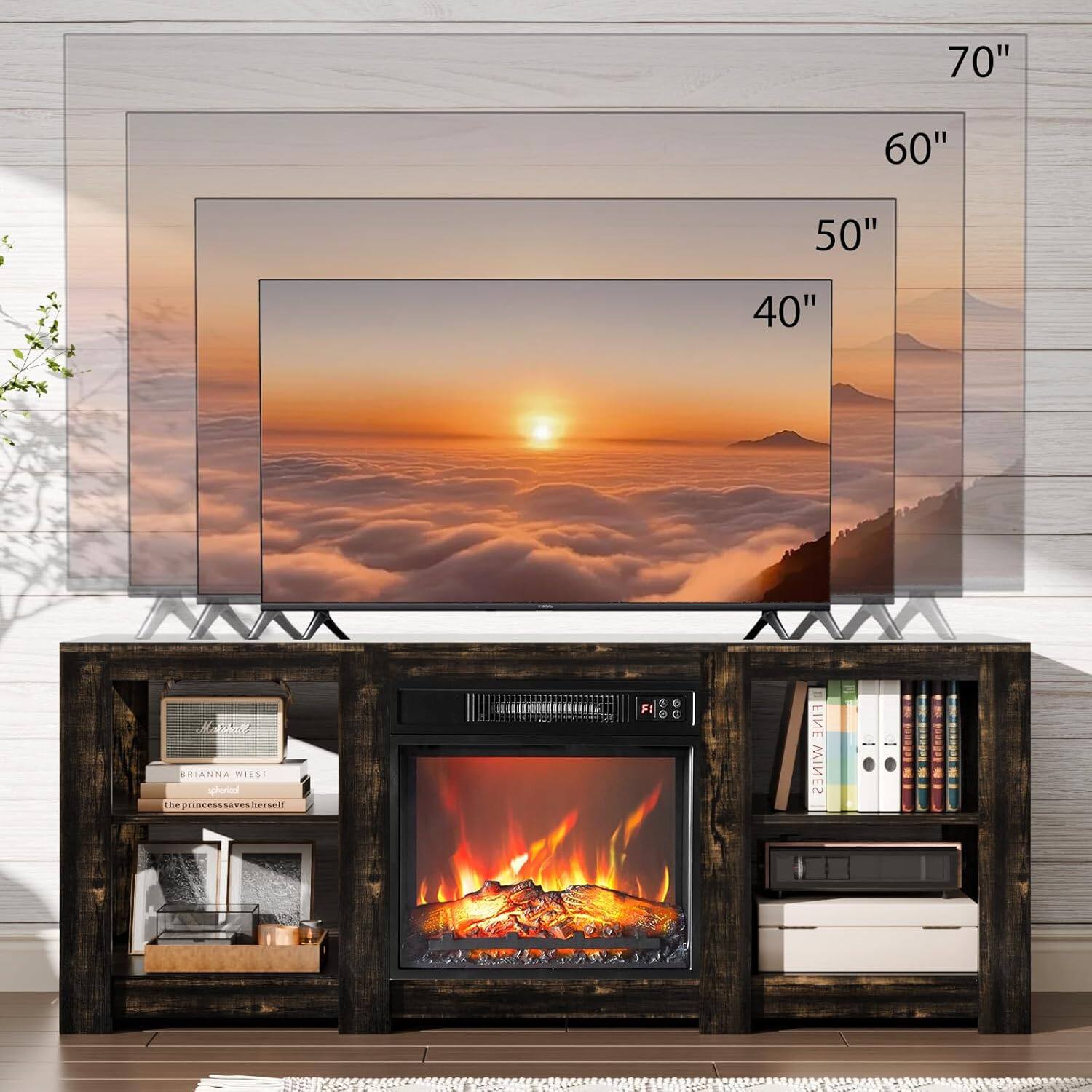 Alt View 4. Winado - Fireplace TV Stand Cabinet for up to 70" TVs, Farmhouse Entertainment Center with 23" Remoted Electric Fireplace Heater - Dark grey oak color.