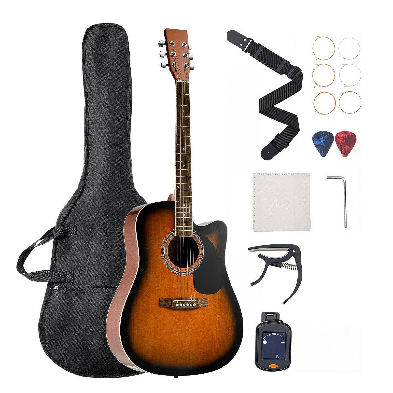 Front. Glintex - 41" Cutaway Acoustic Guitar, Solid Spruce Top, 6-String, Beginner Kit with Gig Bag, Tuner, Capo, Picks, Strap - Sunburst.