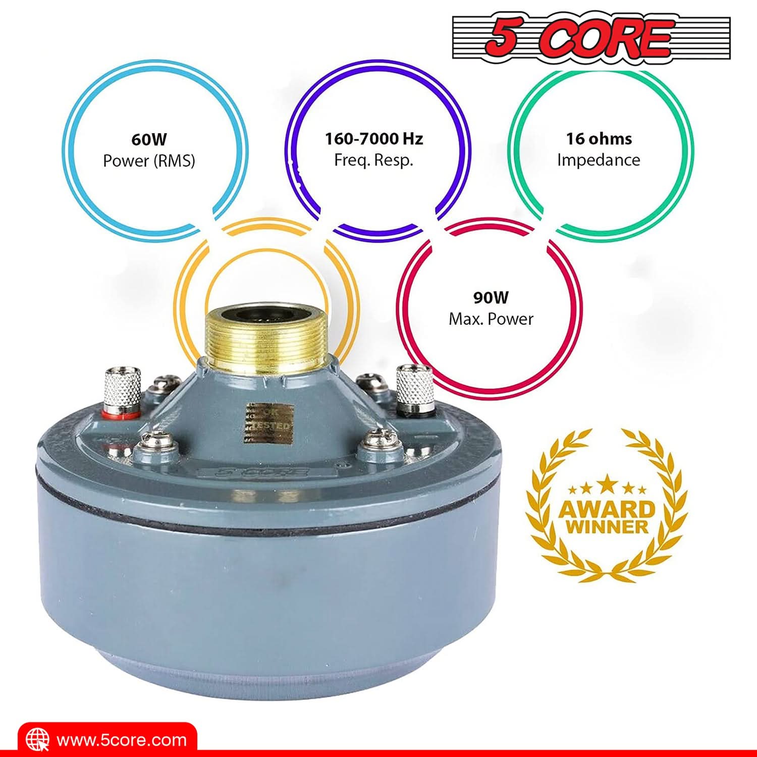 5 CORE  
60W Power (RMS)  
160-7000 Hz Freq. Resp.  
16 ohms Impedance  
90W Max. Power  
LESTED AWARD WINNER  
@ www.5core.com