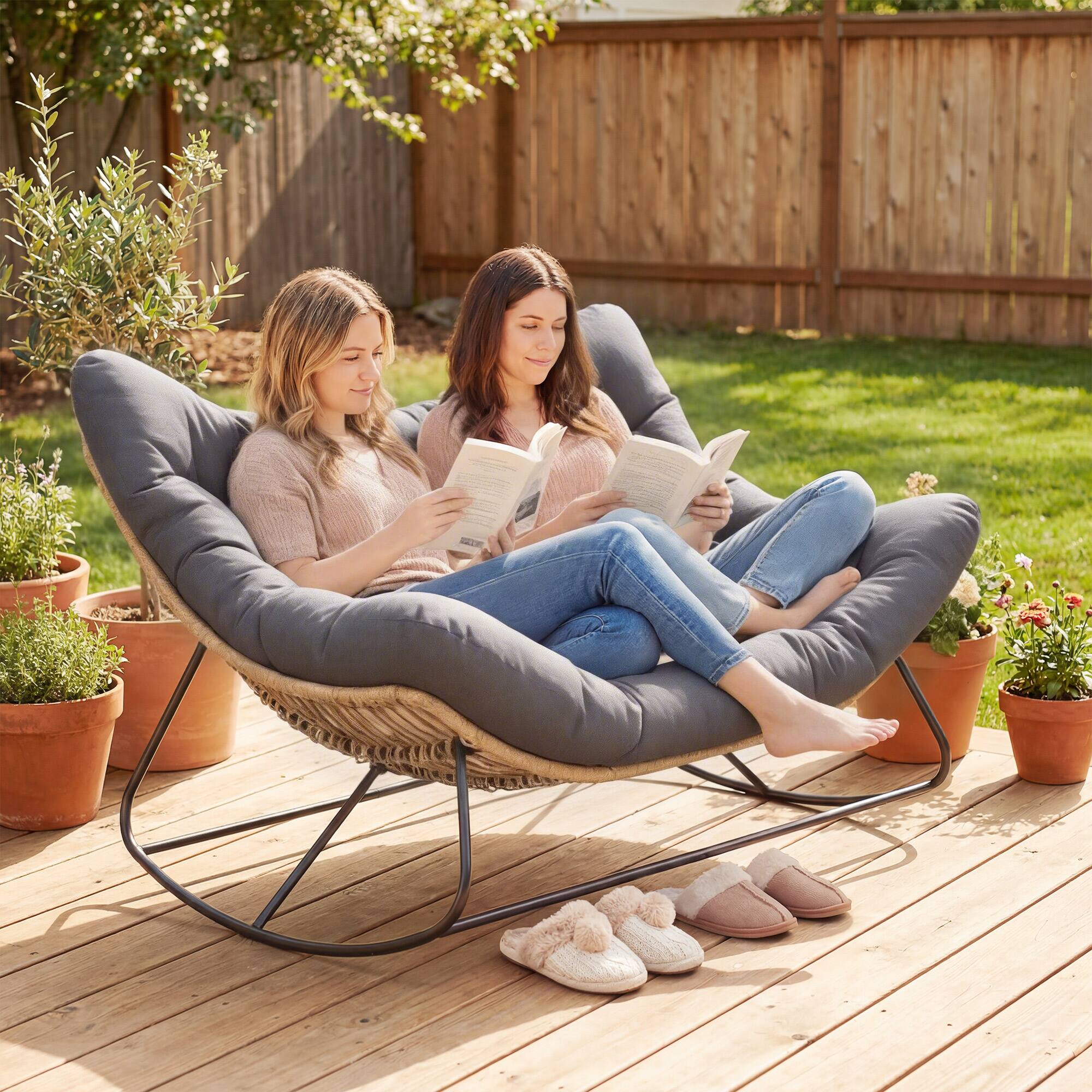 Alt View 1. Outsunny - Outdoor Double Papasan Rocking Chair, Oversized Rocking Egg Chair with Cushion for Garden - Gray.