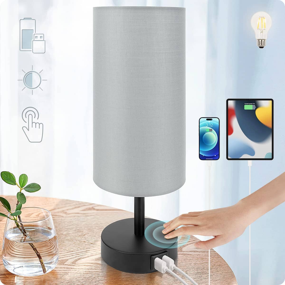 Reds Spade - Yarra Decor Bedside Table Lamp USB Port Touch Control Bedroom Wood Way Dimmable Nightstand Lamp Round - Gray