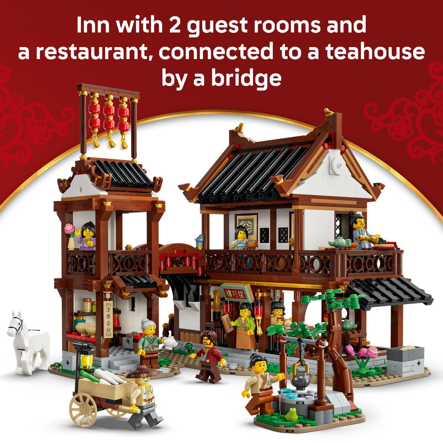 Inn with 2 guest rooms and a restaurant, connected to a teahouse by a bridge