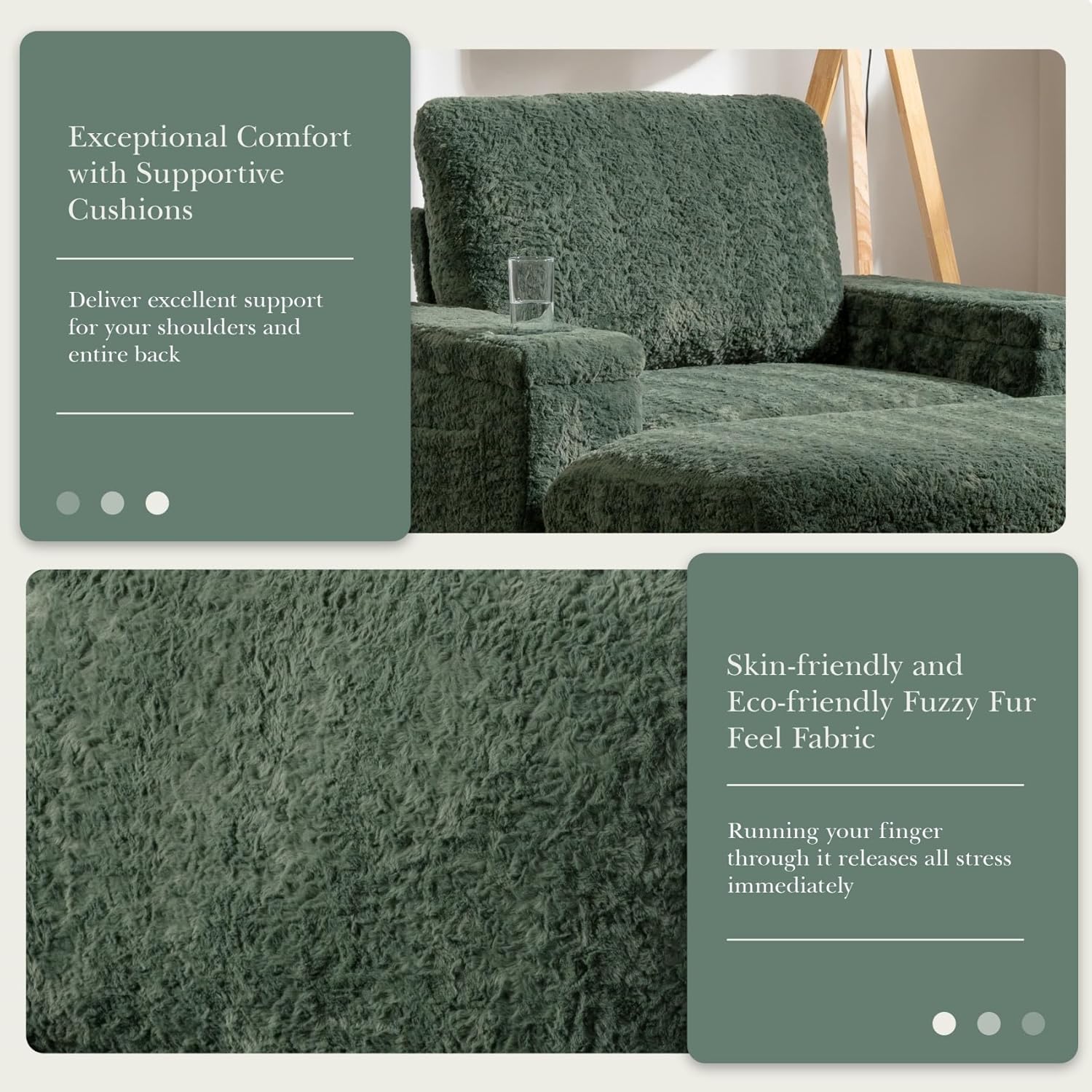 Exceptional Comfort with Supportive Cushions  
Deliver excellent support for your shoulders and entire back  

Skin-friendly and Eco-friendly Fuzzy Fur Feel Fabric  
Running your finger through it releases all stress immediately