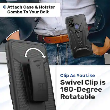 Attach Case & Holster Combo To Your Belt
Clip As You Like
Swivel Clip is 180-Degree Rotatable