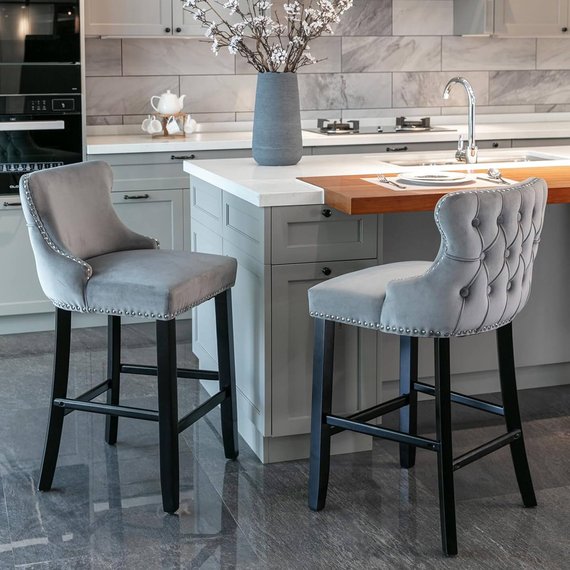 Alt View 1. HTUTWOO - Velvet Bar Stools Set of 2, Wingback Counter Height Chairs with Solid Wood Legs and Nailhead Trim for Kitchen Island - Gray.