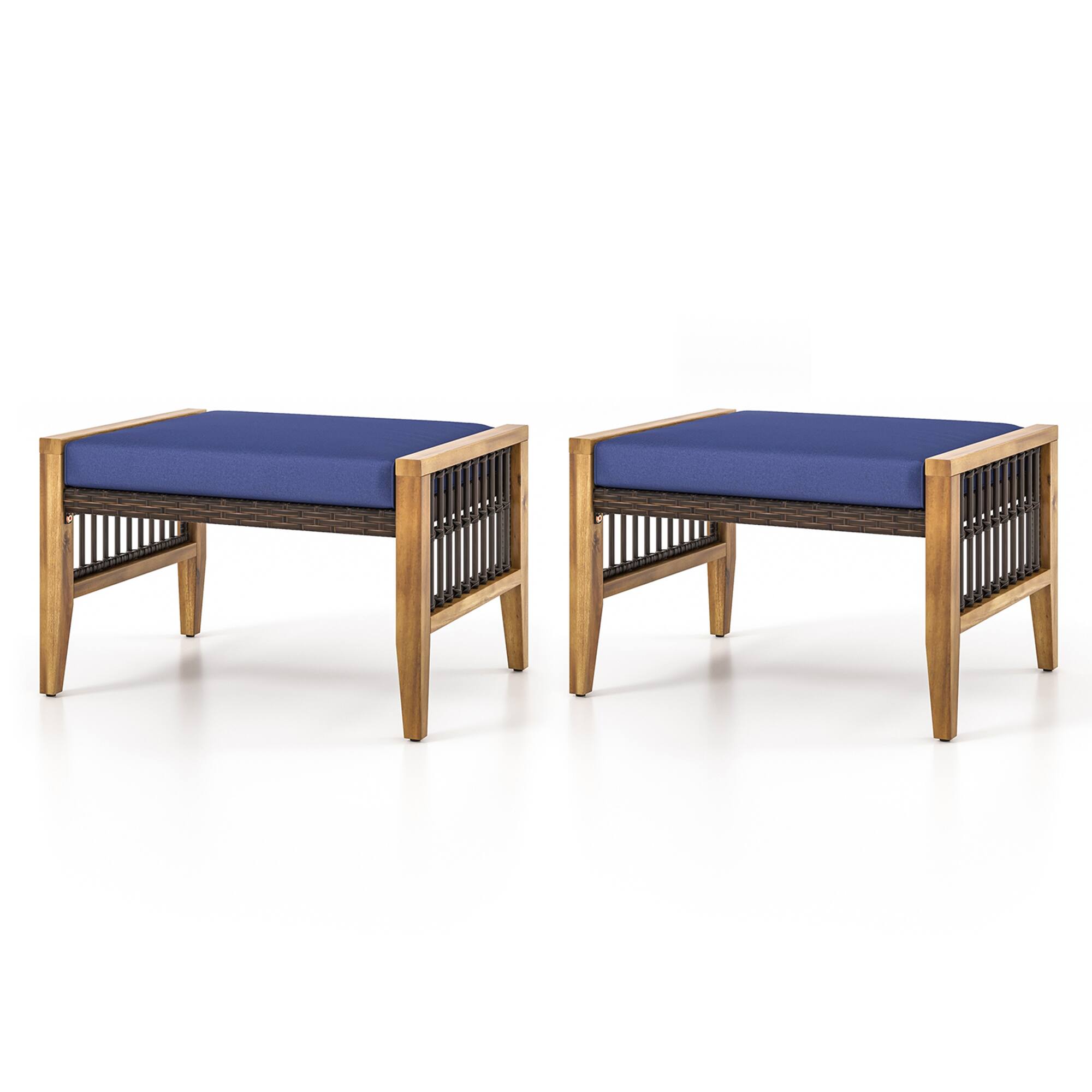 Alt View 8. Gymax - Gymax 2PCS Acacia Wood Outdoor Patio Ottoman Footstool w/ Removable Cushion - Navy.
